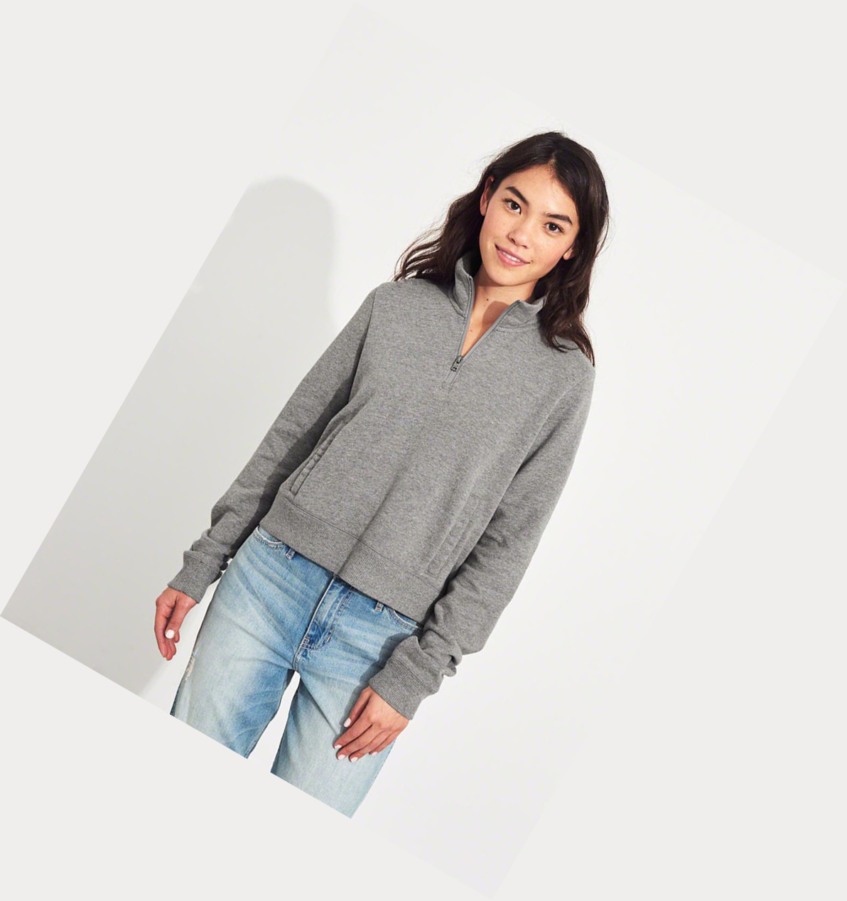 Grey Hollister Half-Zip Women's Sweatshirts | ZA-HWQY832