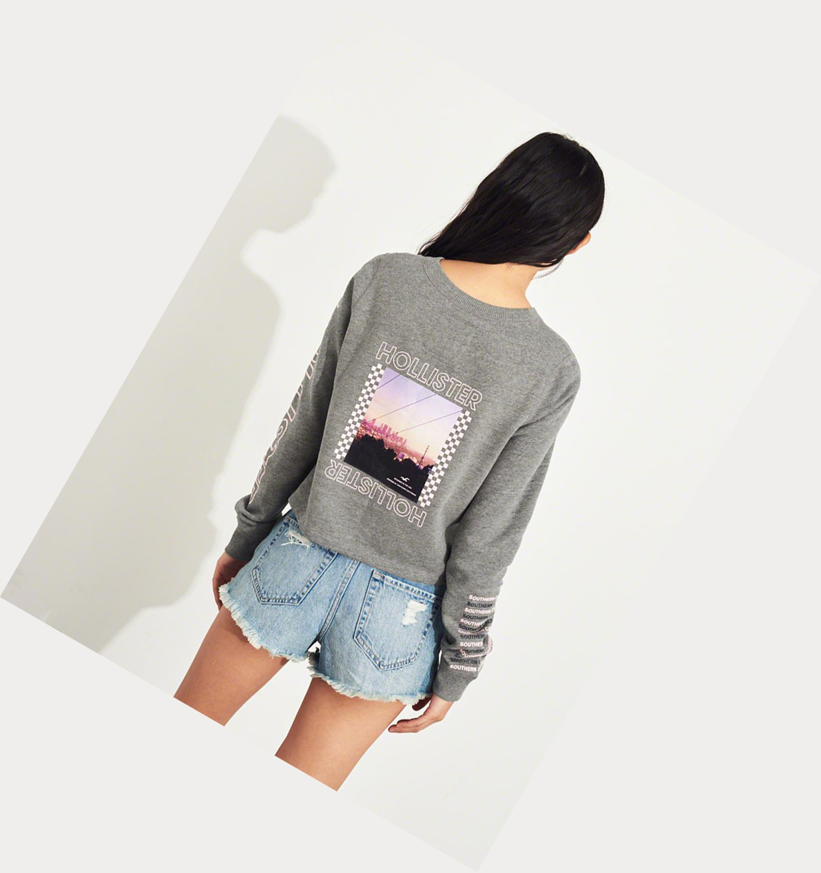 Grey Hollister Logo Crop Crewneck Women's Sweatshirts | ZA-GBIX749