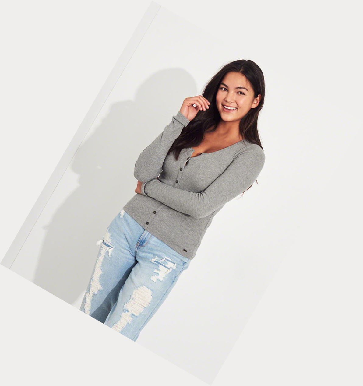 Grey Hollister Ribbed Henley Women's Long Sleeve | ZA-DJTK189