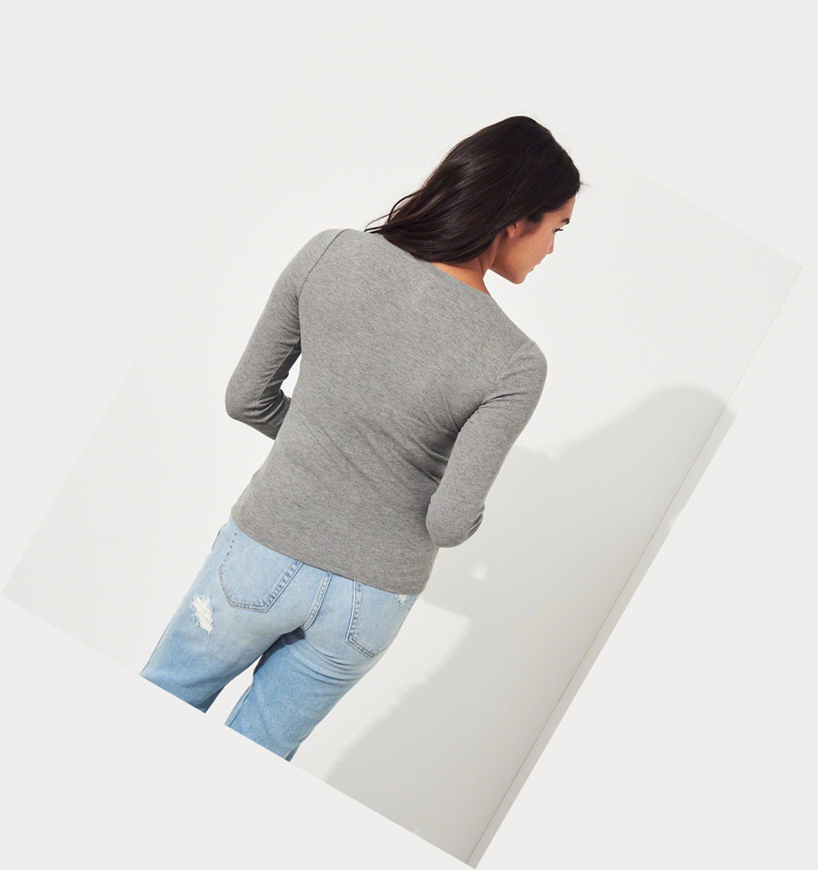 Grey Hollister Ribbed Henley Women's Long Sleeve | ZA-DJTK189