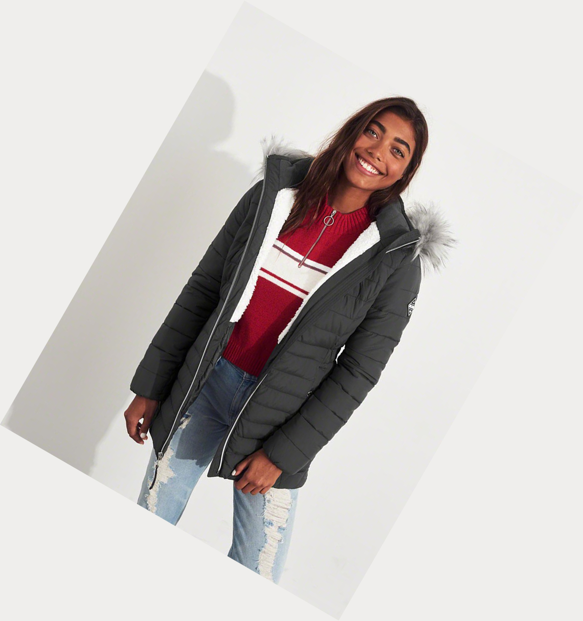 Grey Hollister Sherpa-Lined Puffer Women's Parka Jackets | ZA-GCIE026