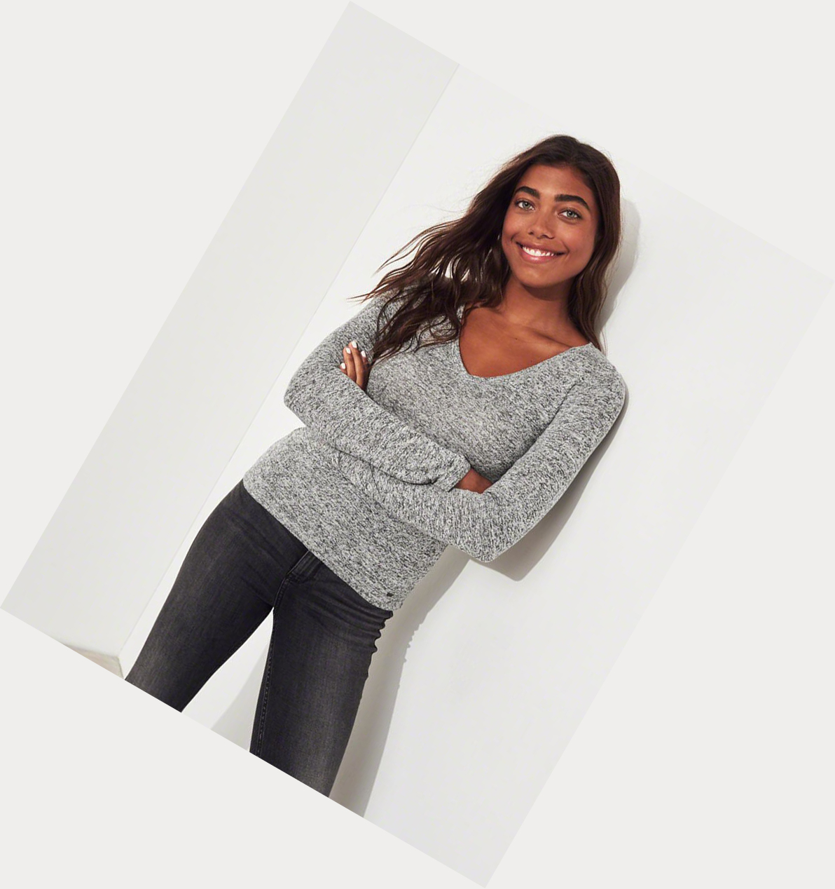 Grey Hollister Slim V-Neck Women's Long Sleeve | ZA-FZCM750