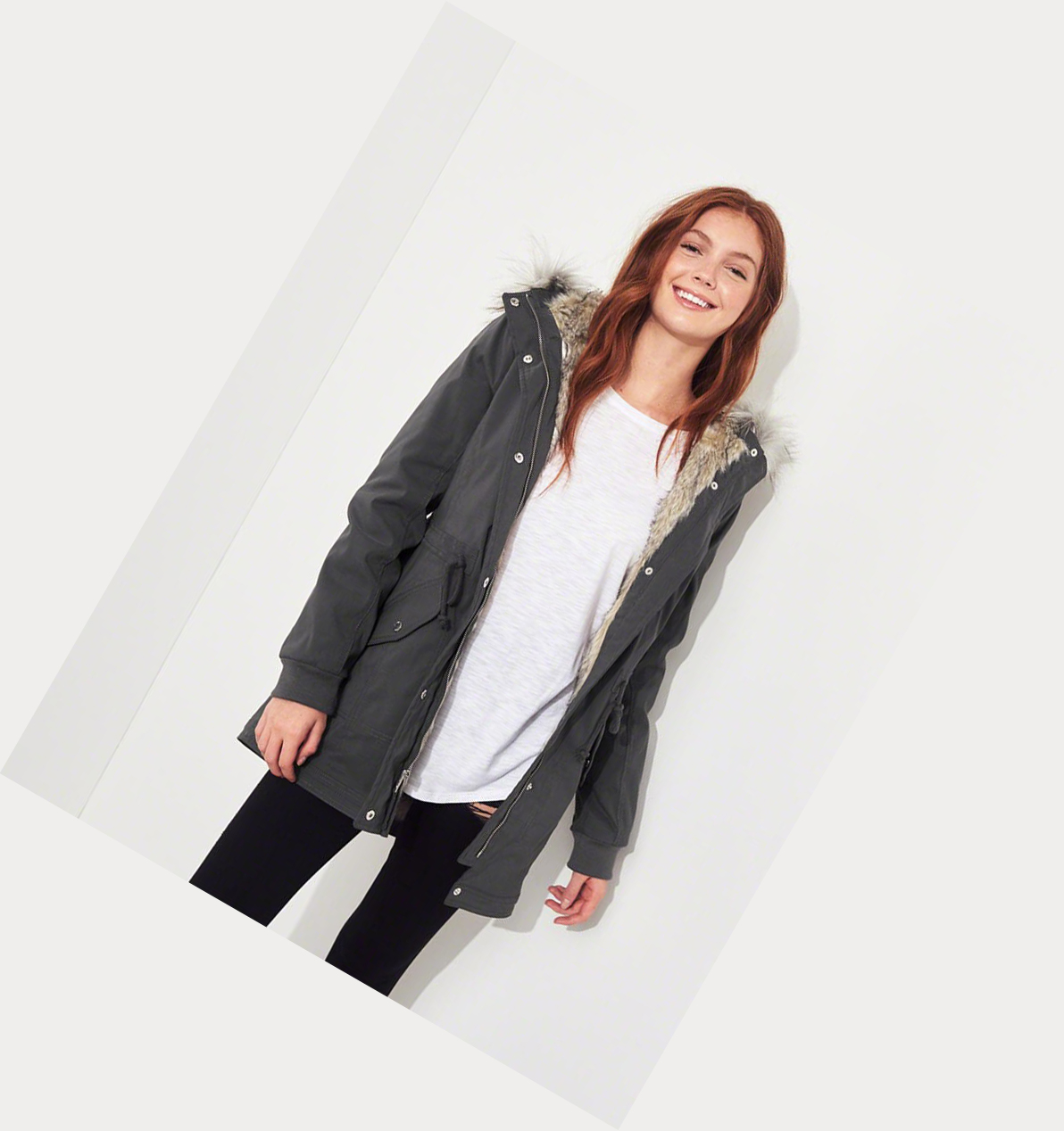 Grey Hollister Stretch Faux-Fur-Lined Women's Parka Jackets | ZA-DMQP968