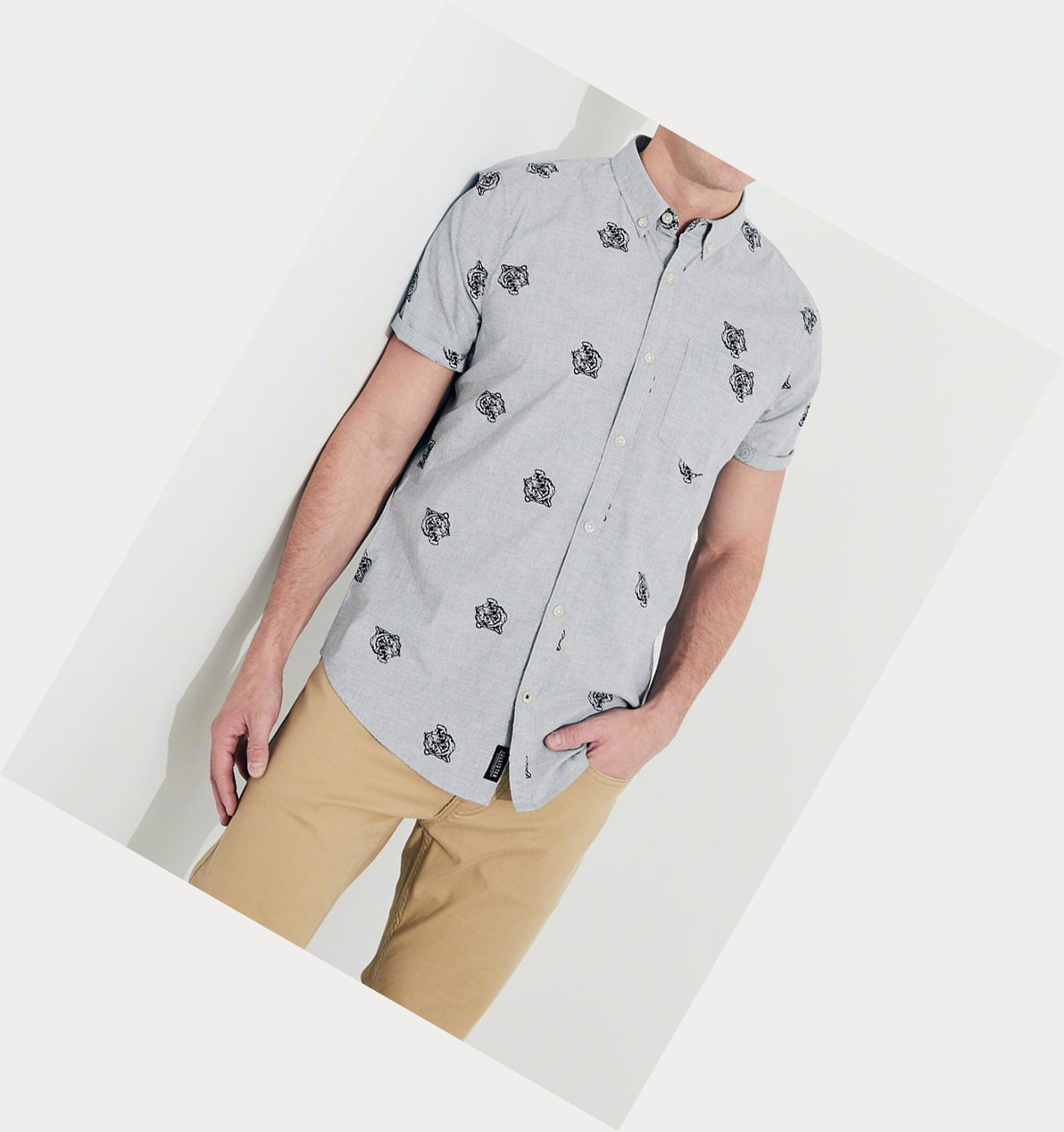 Grey Hollister Stretch Patterned Poplin Men's Short Sleeve | ZA-XNSD164