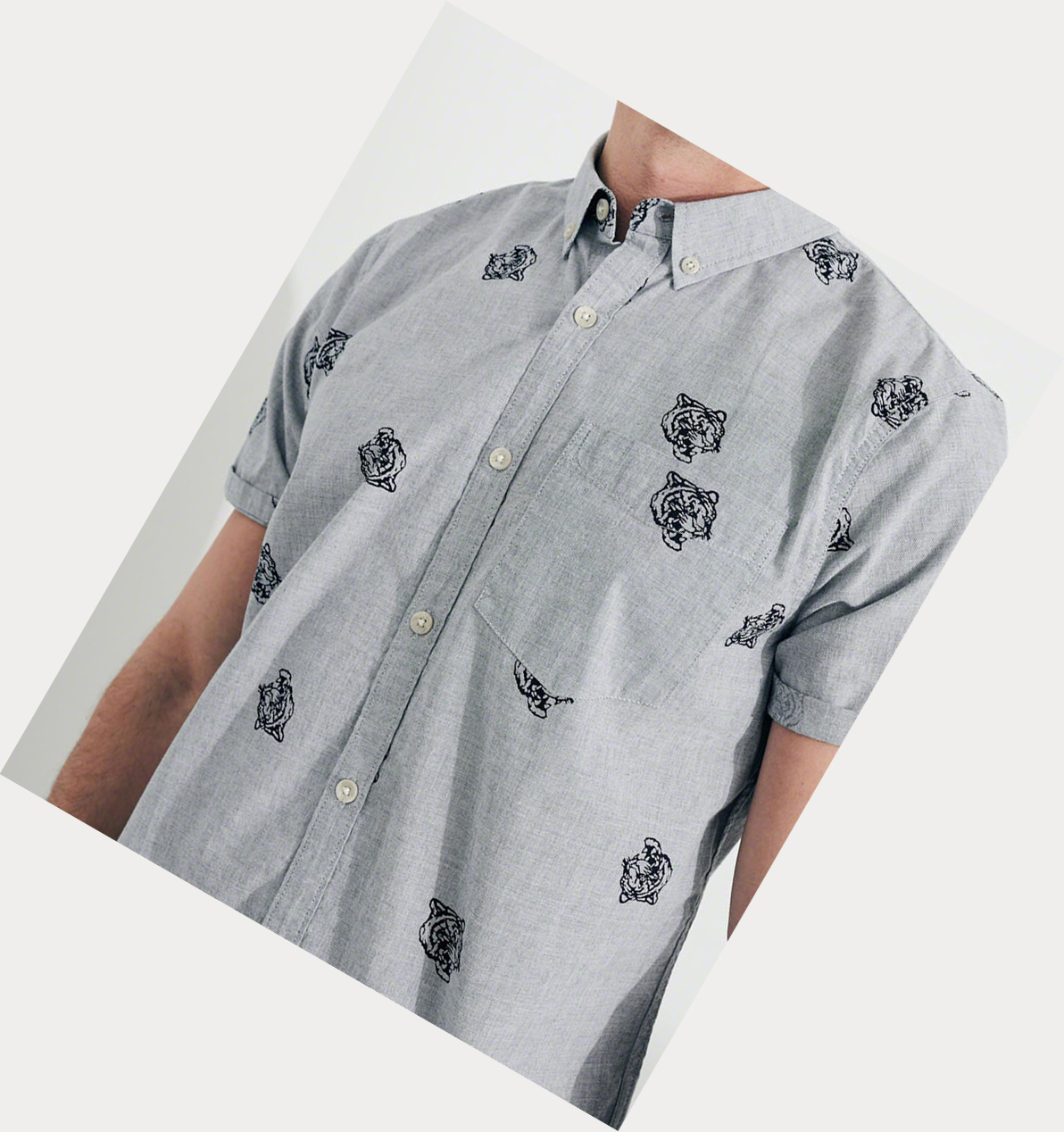 Grey Hollister Stretch Patterned Poplin Men's Short Sleeve | ZA-XNSD164