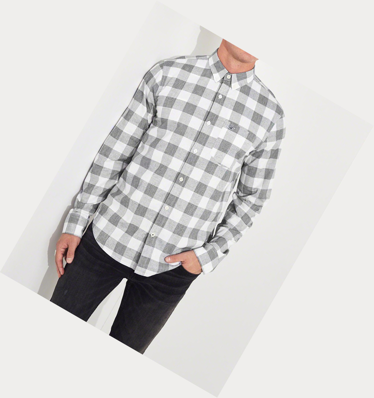 Grey Hollister Stretch Plaid Poplin Men's Long Sleeve | ZA-CURQ801