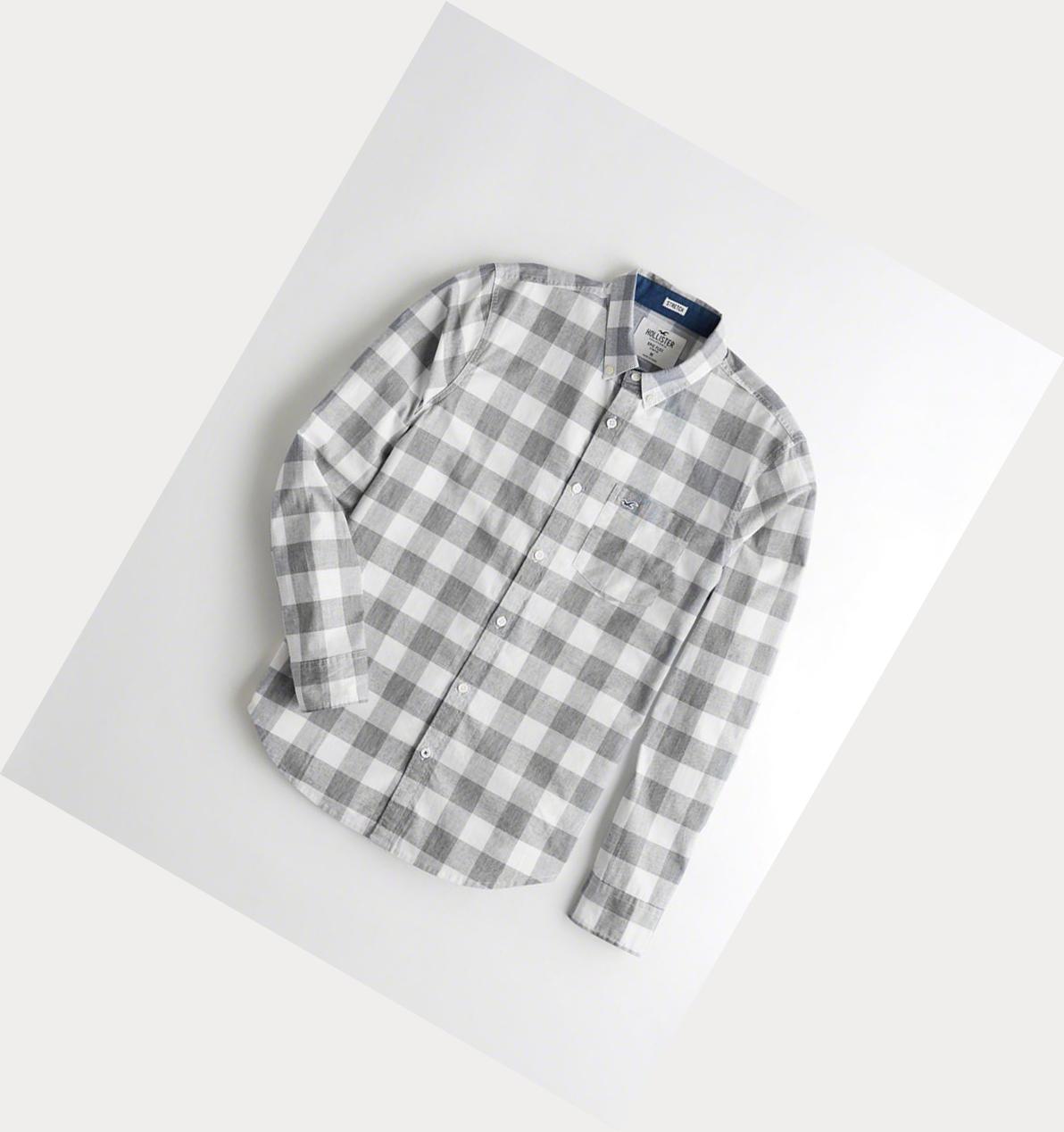 Grey Hollister Stretch Plaid Poplin Men\'s Long Sleeve | ZA-CURQ801