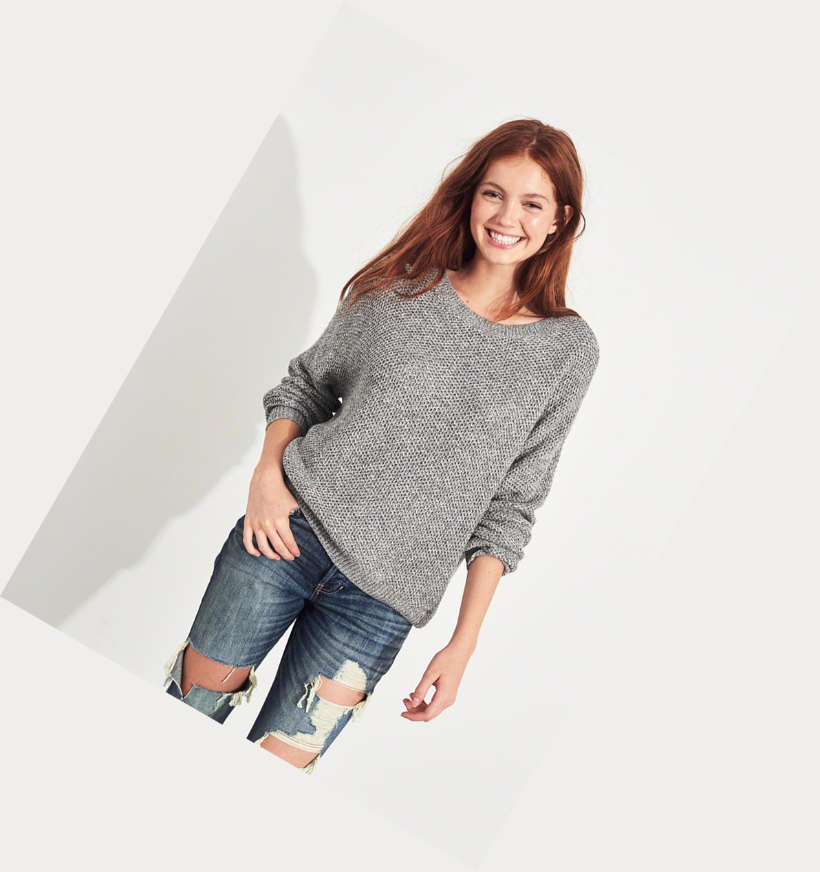 Grey Hollister Textured Crewneck Women's Sweaters | ZA-UEVO697