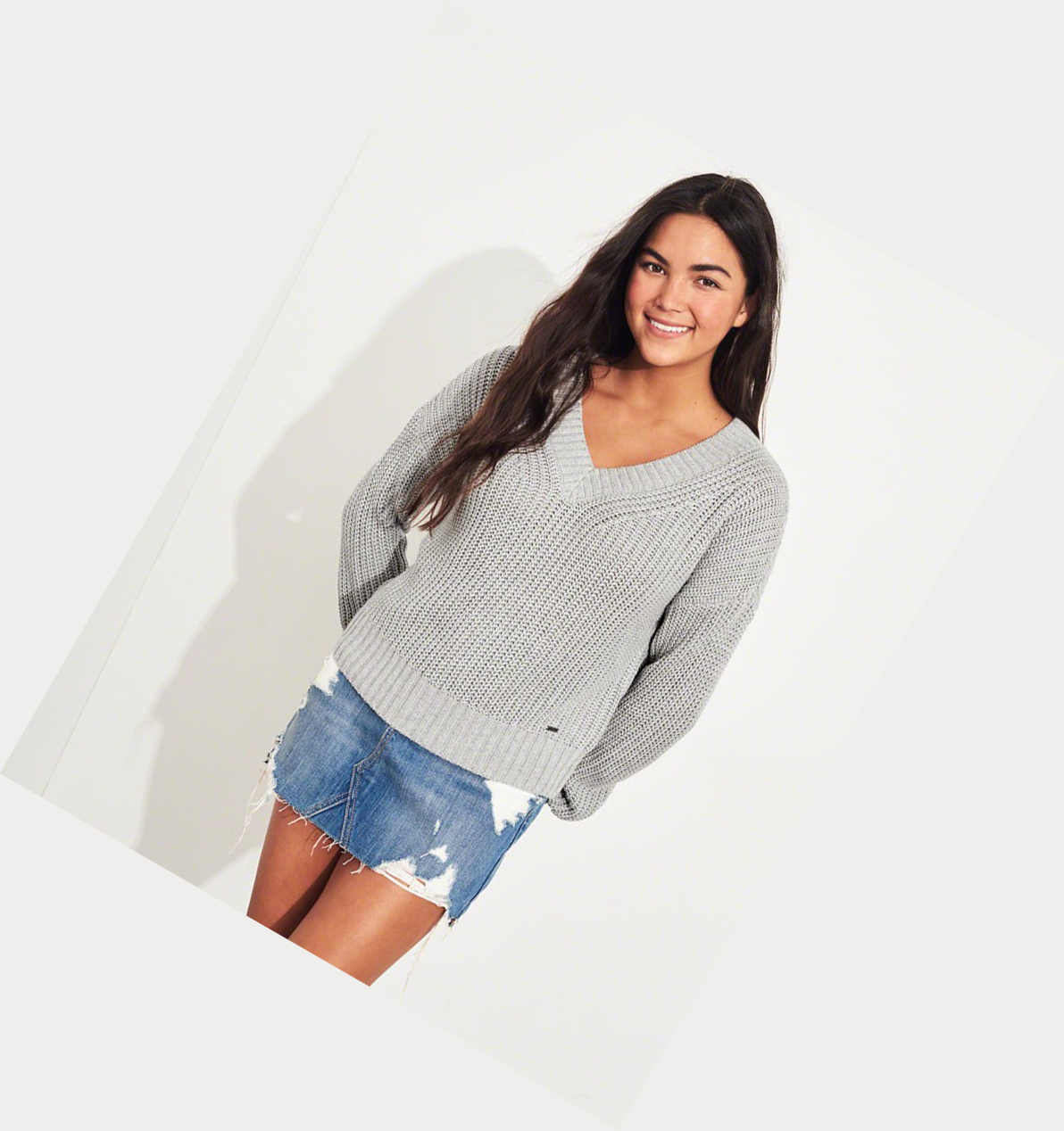 Grey Hollister V-Neck Women's Sweaters | ZA-HIGX237