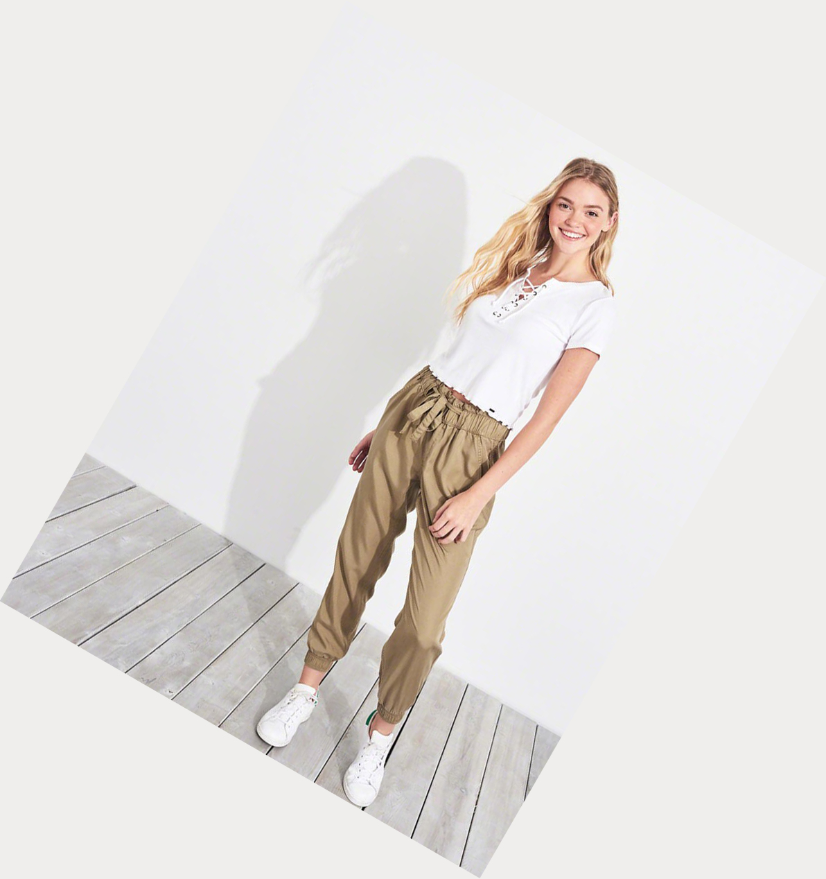 Khaki Hollister Paper-Bag High-Rise Twill Women's Pants | ZA-CAOW461