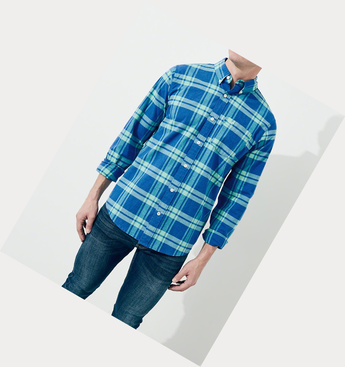 Light Blue Hollister Stretch Check Poplin Men's Long Sleeve | ZA-KTFB521