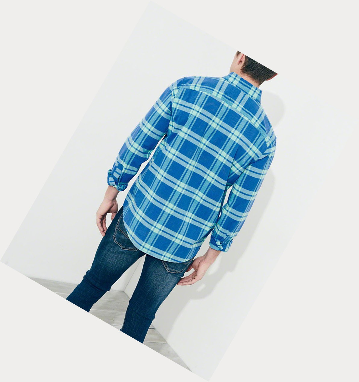 Light Blue Hollister Stretch Check Poplin Men's Long Sleeve | ZA-KTFB521