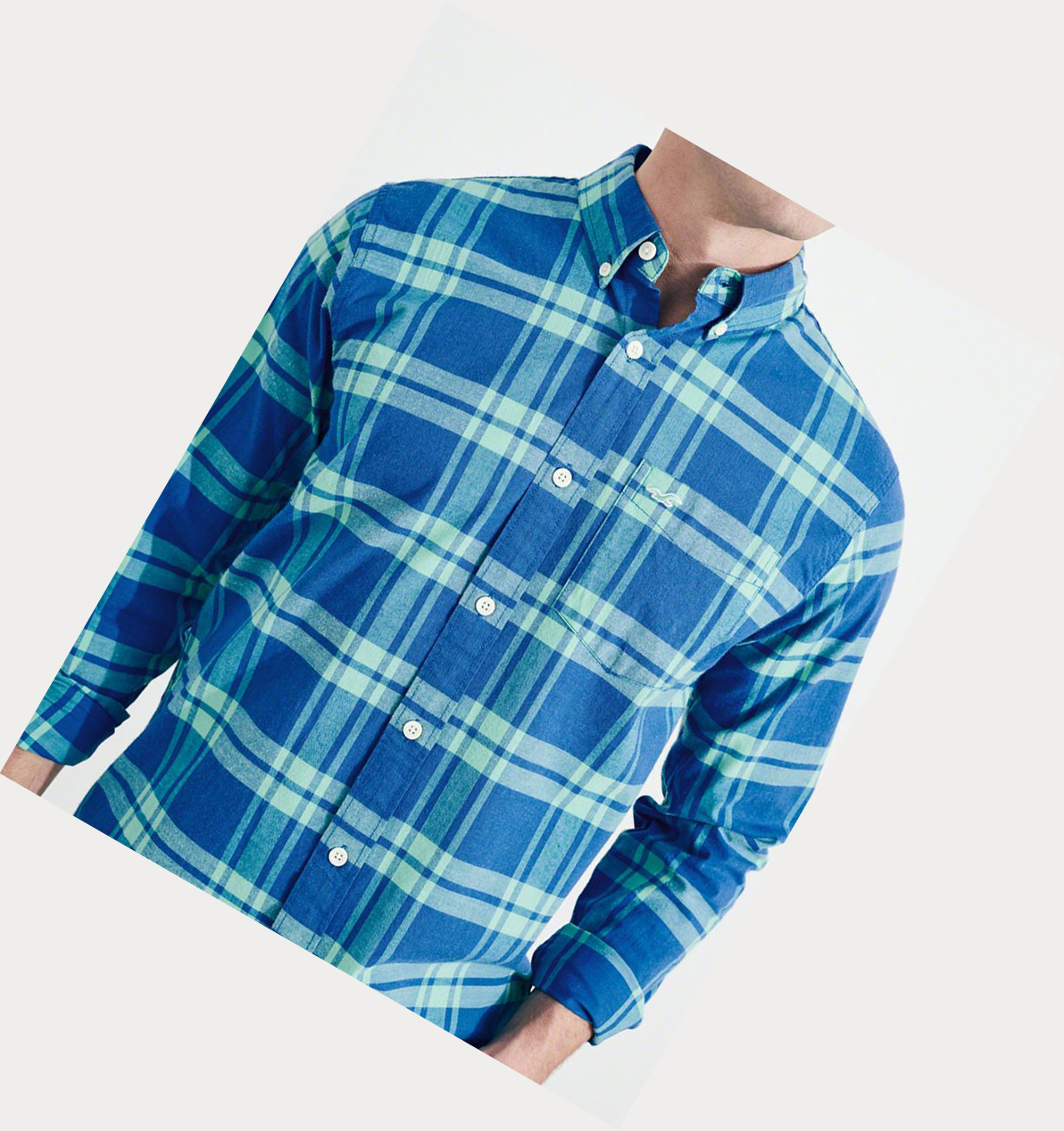 Light Blue Hollister Stretch Check Poplin Men's Long Sleeve | ZA-KTFB521