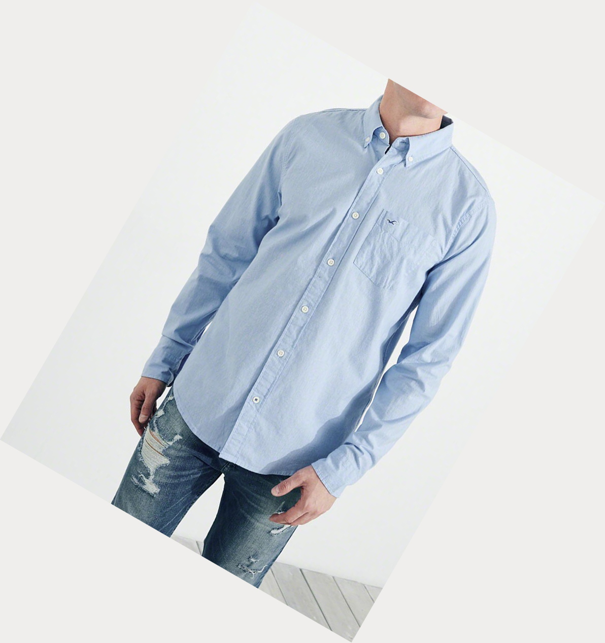 Light Blue Hollister Stretch Poplin Men's Long Sleeve | ZA-BMOG643