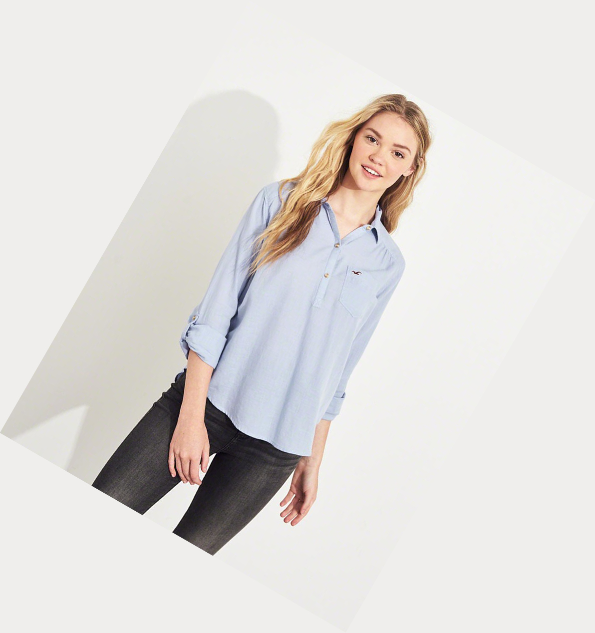 Light Blue Hollister Woven Popover Women's Long Sleeve | ZA-WKYV351