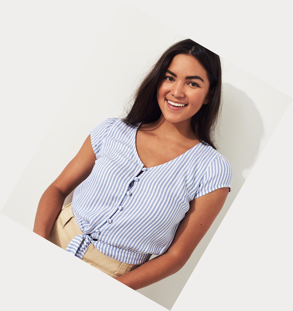 Light Blue Stripes Hollister Tie-Front Crop Women's Short Sleeve | ZA-LADT493