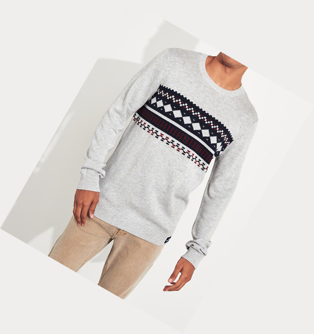 Light Grey Hollister Patterned Crewneck Men's Sweaters | ZA-NDHO415