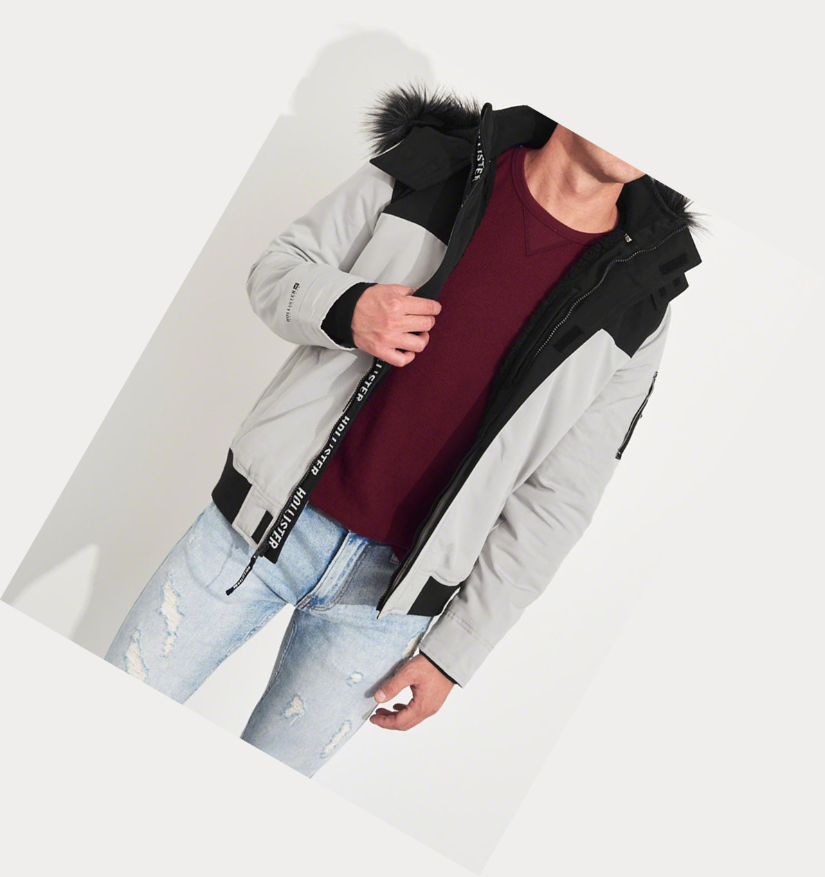 Light Grey Hollister Sherpa-Lined Hooded Men's Bomber Jackets | ZA-ANGK860