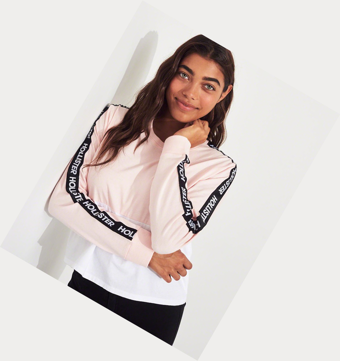 Light Pink Hollister Logo Colorblock Women's Long Sleeve | ZA-QLDV498