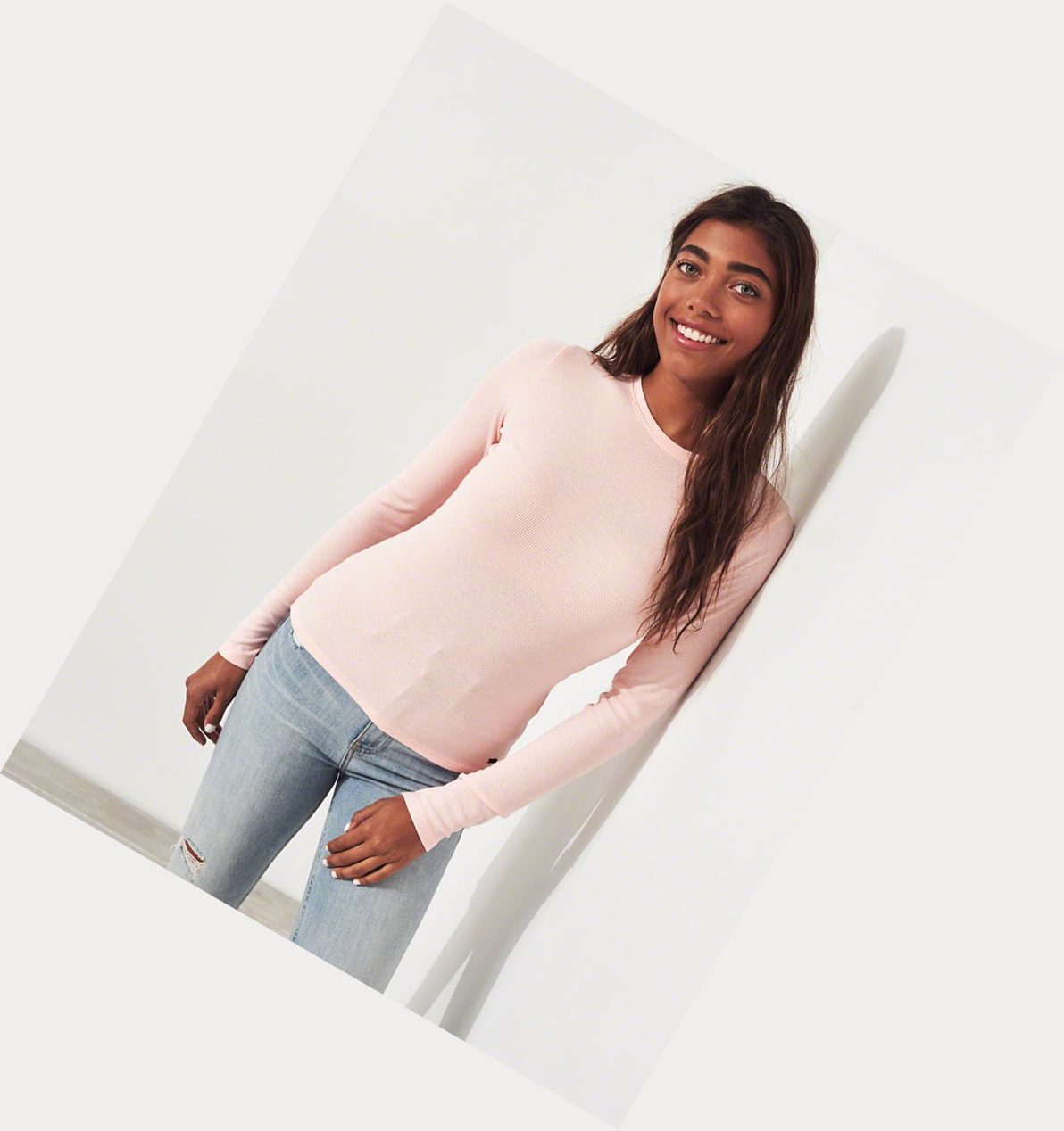 Light Pink Hollister Ribbed Crewneck Women's Long Sleeve | ZA-QNXR245