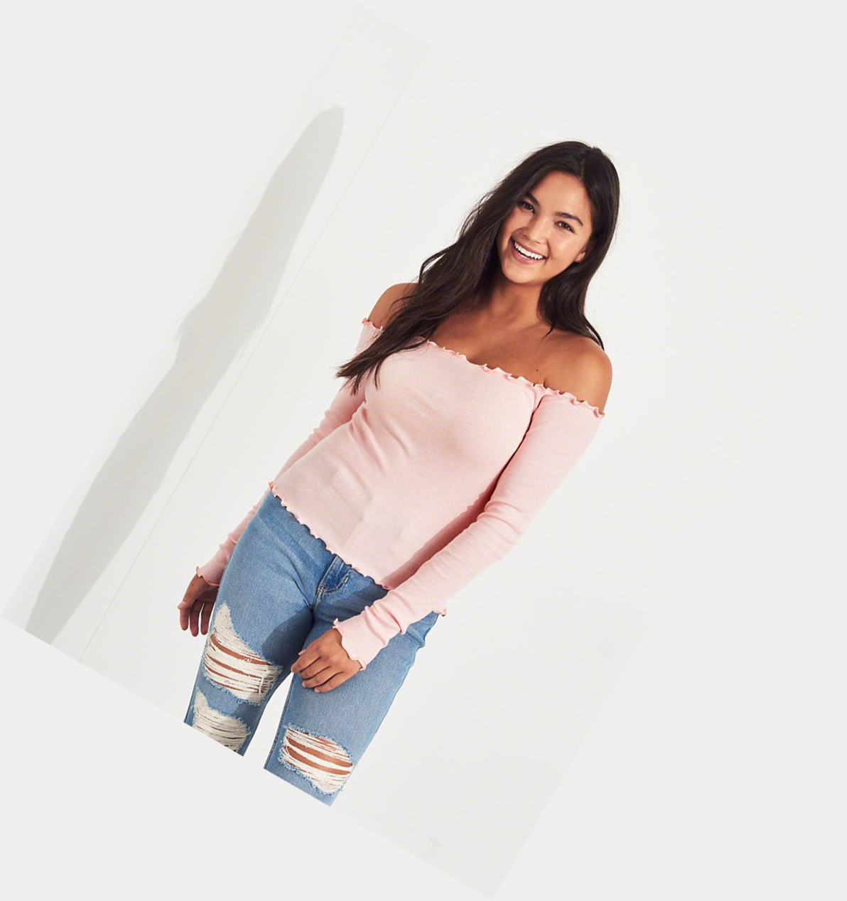 Light Pink Hollister Slim Off-The-Shoulder Women's Long Sleeve | ZA-GCDU048