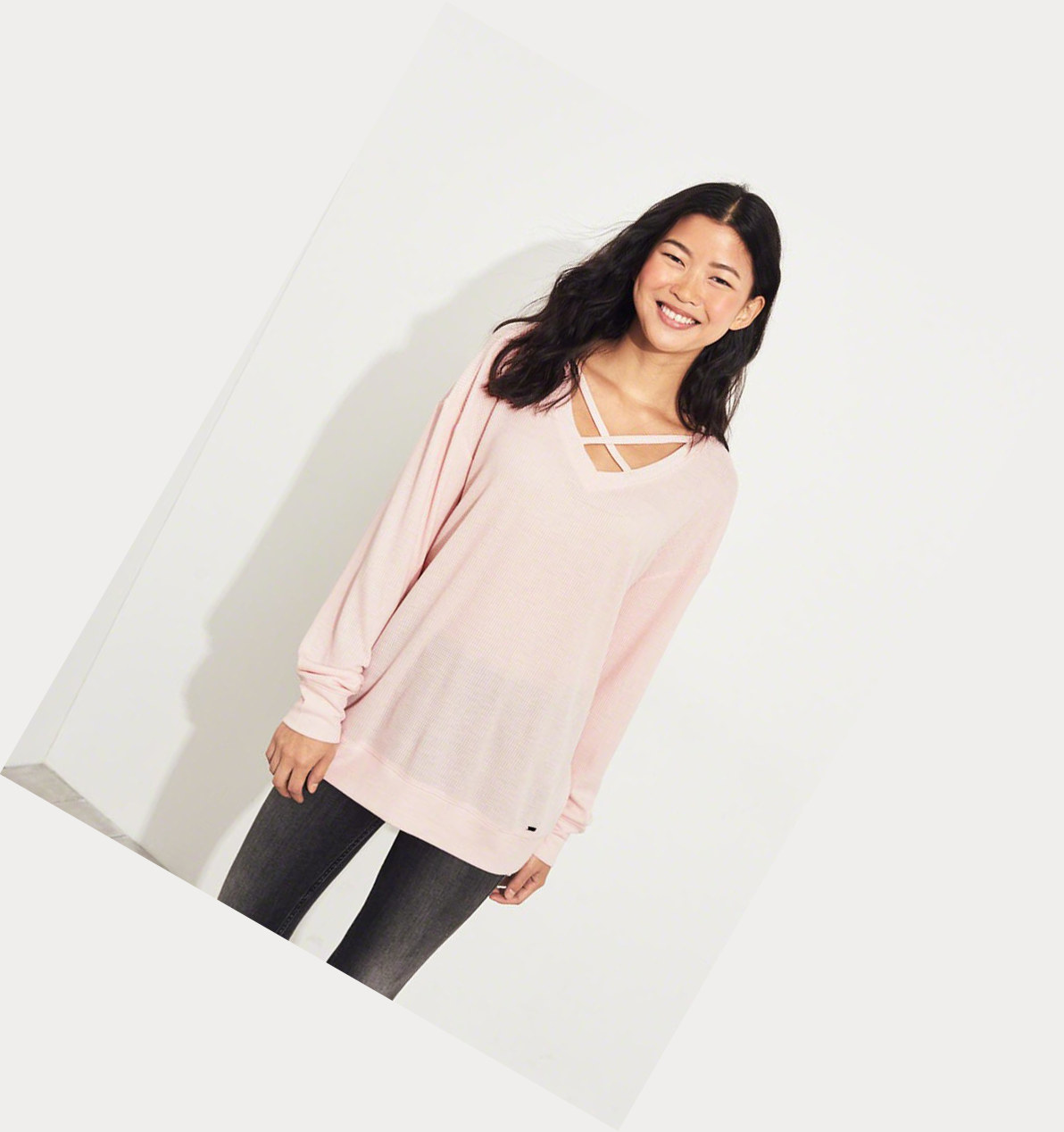 Light Pink Hollister Strappy Waffle Women's Long Sleeve | ZA-YIKS273