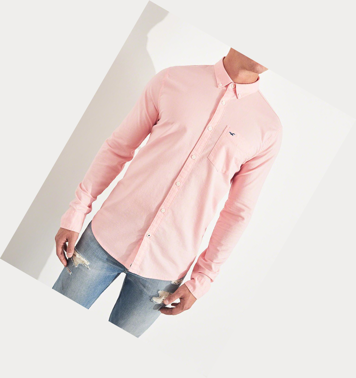 Light Pink Hollister Stretch Oxford Muscle Fit Men's Long Sleeve | ZA-CURQ416