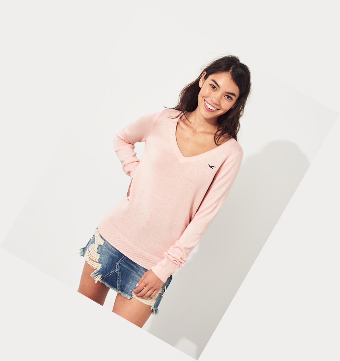 Light Pink Hollister V-Neck Women's Sweaters | ZA-IPDU790