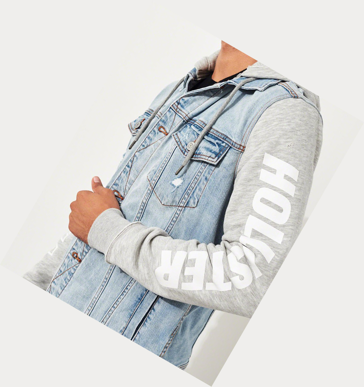 Light Wash Hollister Graphic Hooded Men's Denim Jacket | ZA-SVHC097