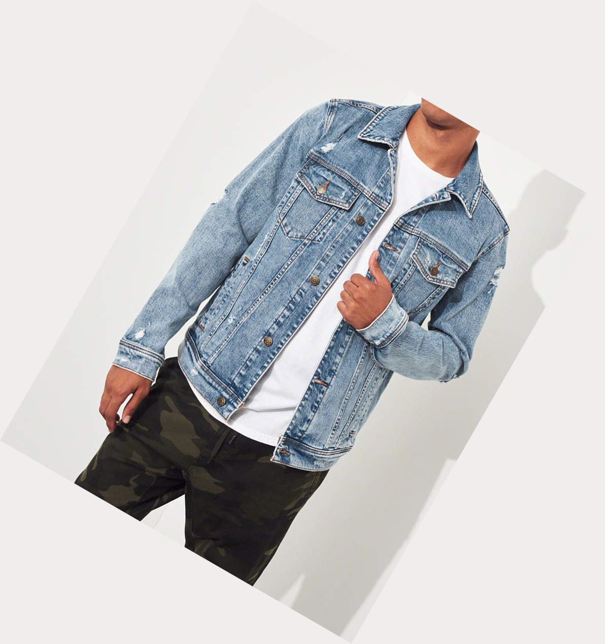 Light Wash Hollister Ripped Stretch Men's Denim Jacket | ZA-DKQO013