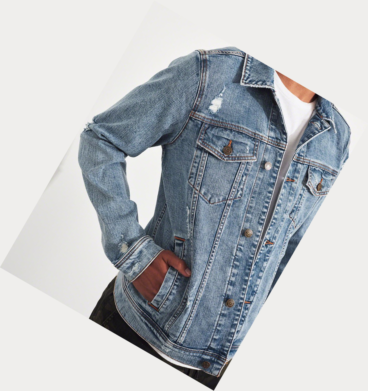 Light Wash Hollister Ripped Stretch Men's Denim Jacket | ZA-DKQO013