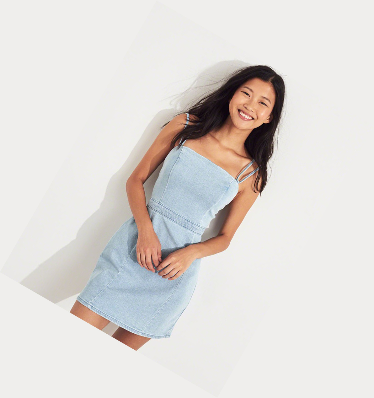 Light Wash Hollister Square-Neck Strappy Denim Women's Dress | ZA-EZVA215