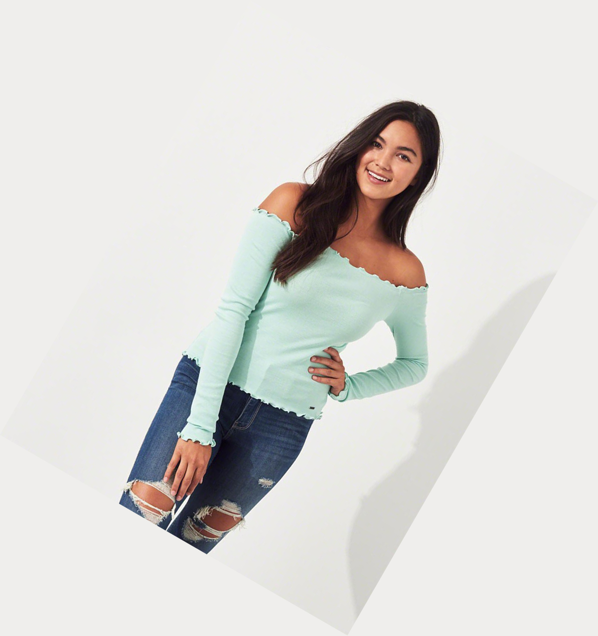 Mint Hollister Slim Off-The-Shoulder Women's Long Sleeve | ZA-HEXL603