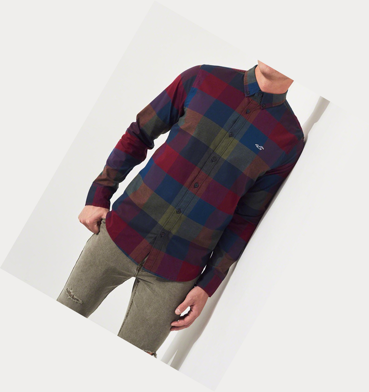 Multicolor Hollister Stretch Plaid Poplin Men's Long Sleeve | ZA-OXZE719