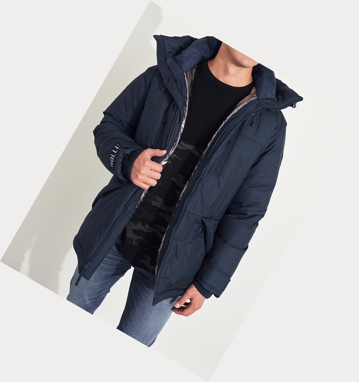 Navy Hollister Down-Blend Hooded Men's Puffers | ZA-CMVY019