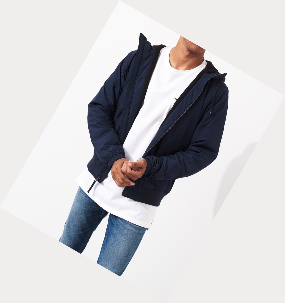 Navy Hollister Fleece-Lined Hooded Men's Bomber Jackets | ZA-MDHY875