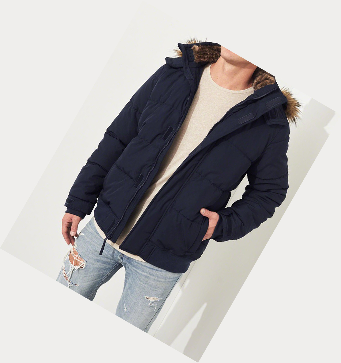 Navy Hollister Hooded Puffer Men's Bomber Jackets | ZA-DHQI183