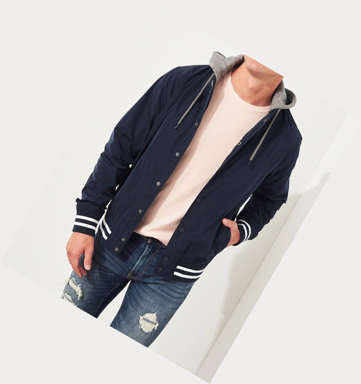 Navy Hollister Hooded Varsity Men's Bomber Jackets | ZA-HMTN856