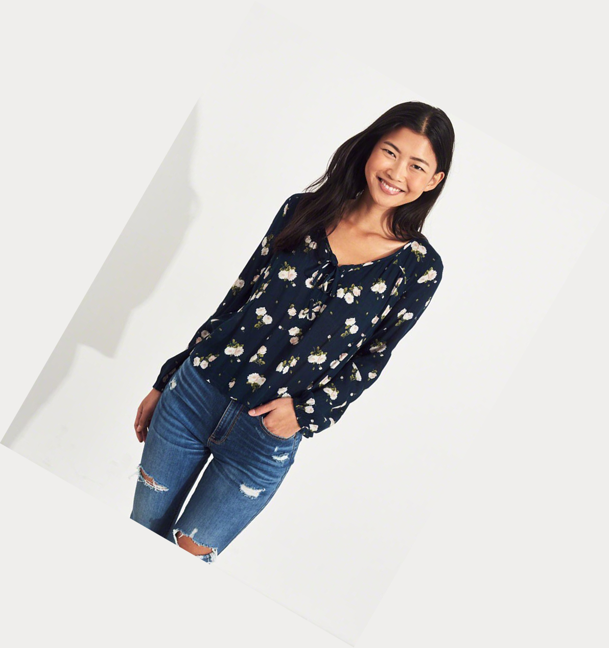 Navy Hollister Lace-Up Peasant Women's Long Sleeve | ZA-XOJD325