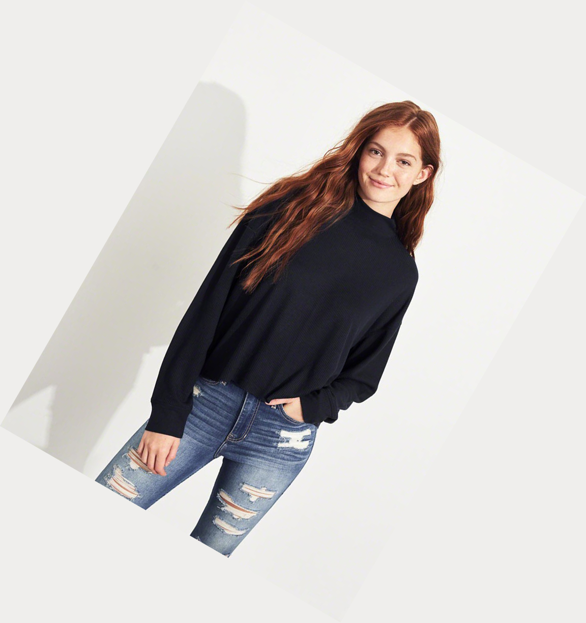 Navy Hollister Mockneck Waffle Boyfriend Women's Long Sleeve | ZA-HDIF736