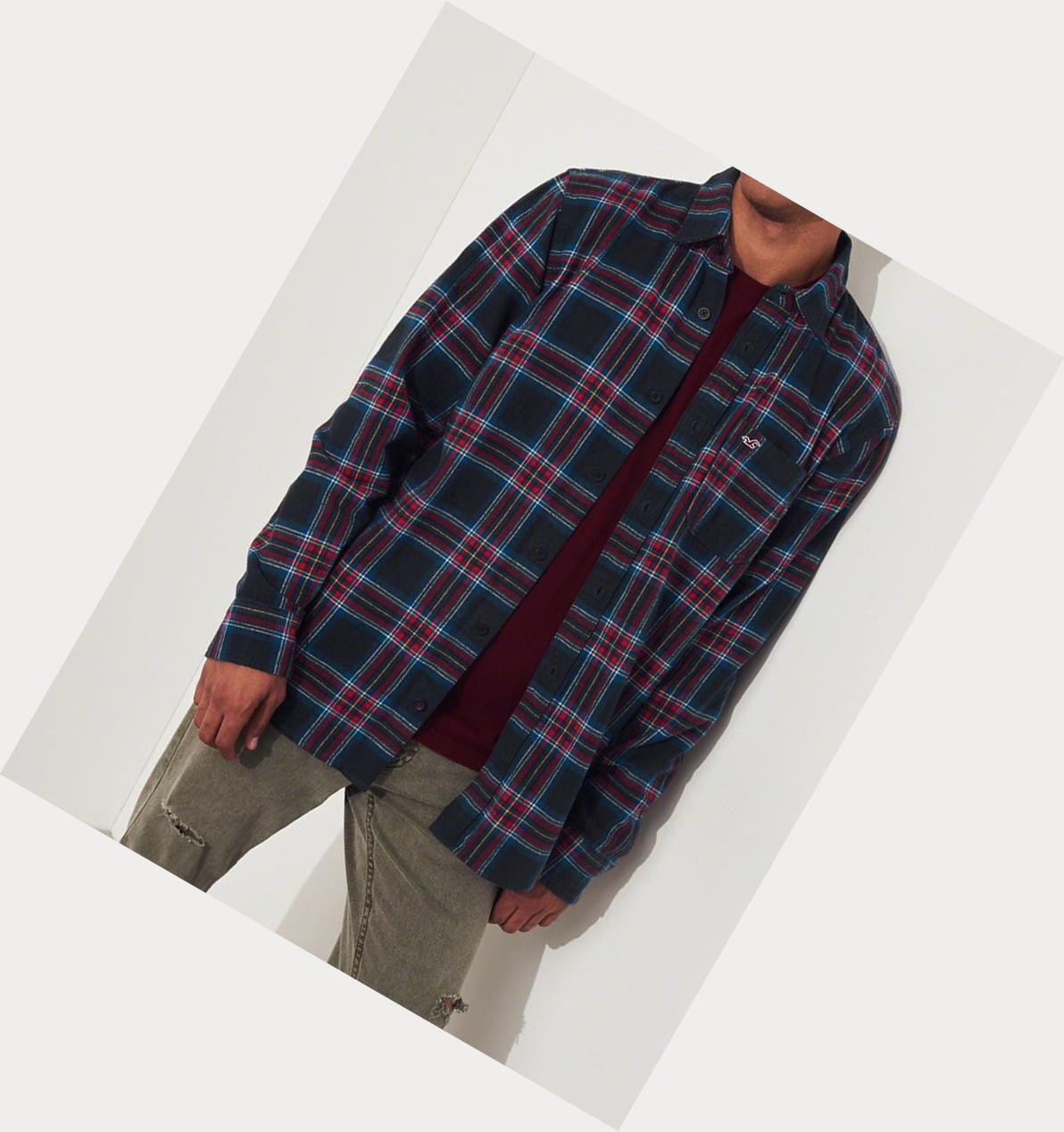 Navy Hollister Plaid Flannel Men's Long Sleeve | ZA-QTXN819