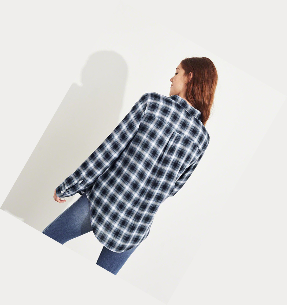 Navy Hollister Plaid Oversized Women's Long Sleeve | ZA-WNZP708