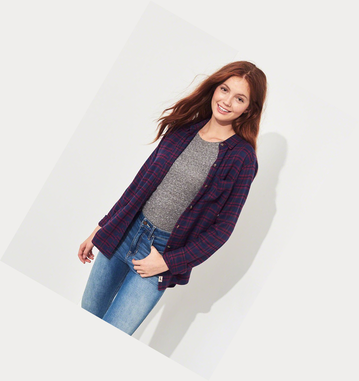 Navy Hollister Plaid Women's Long Sleeve | ZA-MPBS639