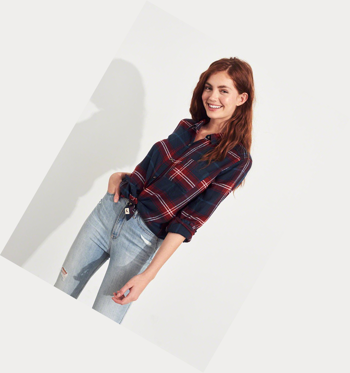 Navy Hollister Plaid Women's Long Sleeve | ZA-VYFW503