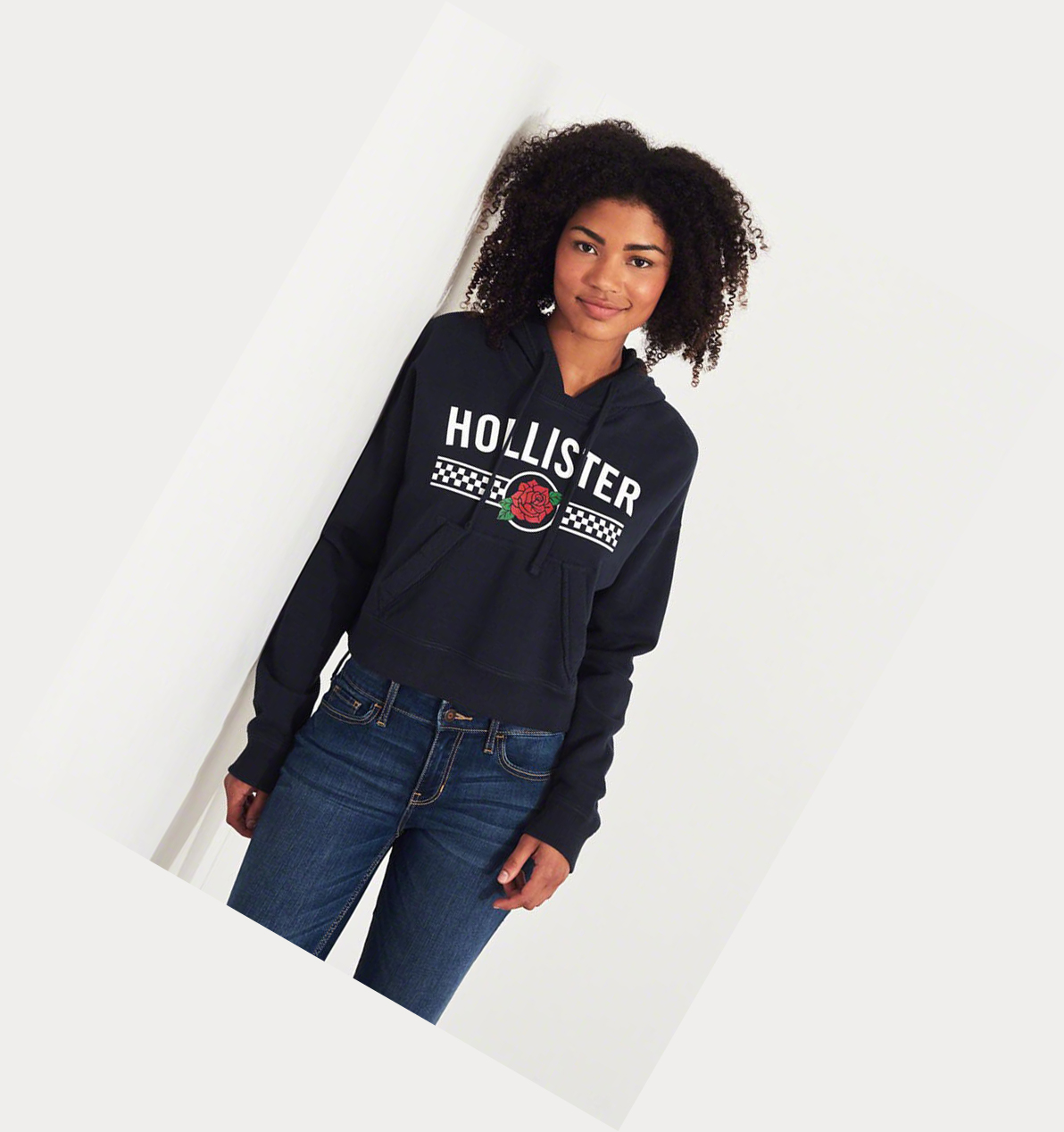 Navy Hollister Rose Graphic Crop Women's Hoodie | ZA-ATHV683