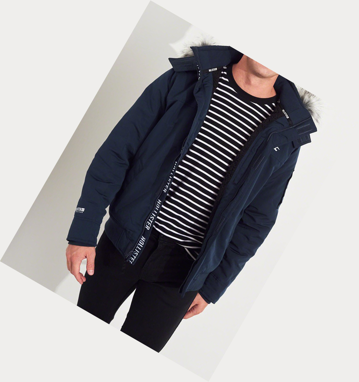 Navy Hollister Sherpa-Lined Hooded Men's Bomber Jackets | ZA-XLJS943