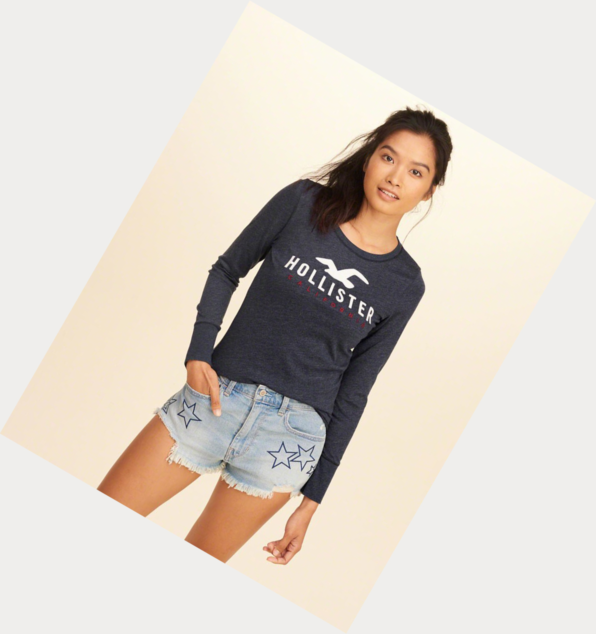 Navy Hollister Slim Crew Women's Long Sleeve | ZA-MUAW750