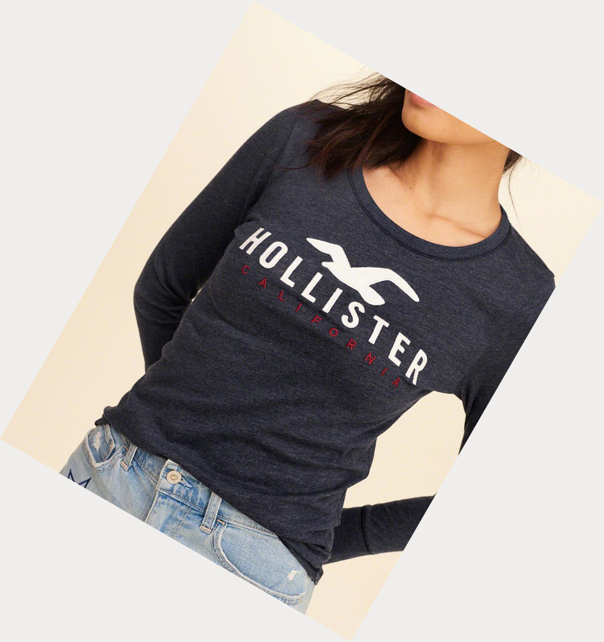 Navy Hollister Slim Crew Women's Long Sleeve | ZA-MUAW750