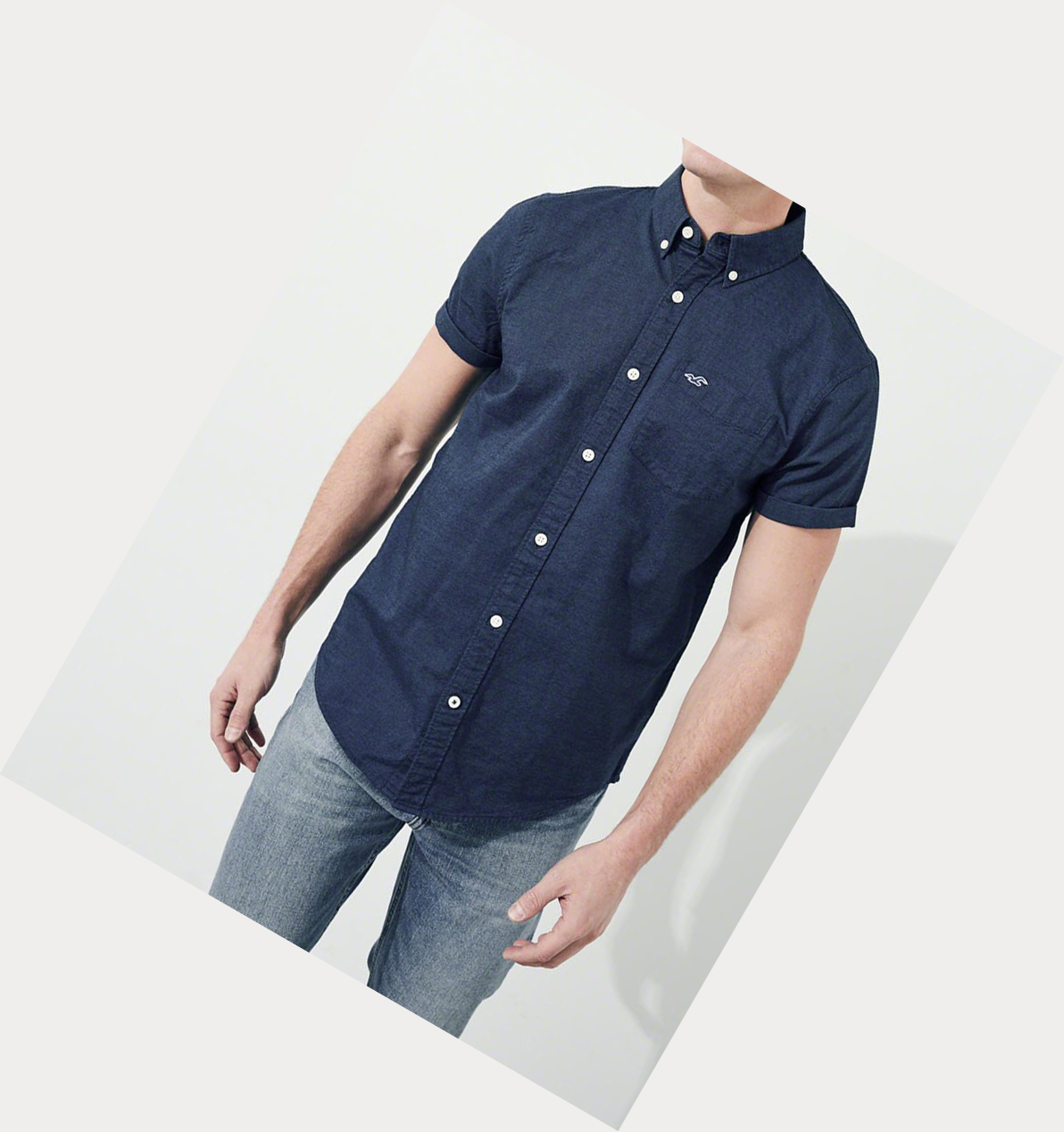 Navy Hollister Stretch Oxford Men's Short Sleeve | ZA-HUDJ178