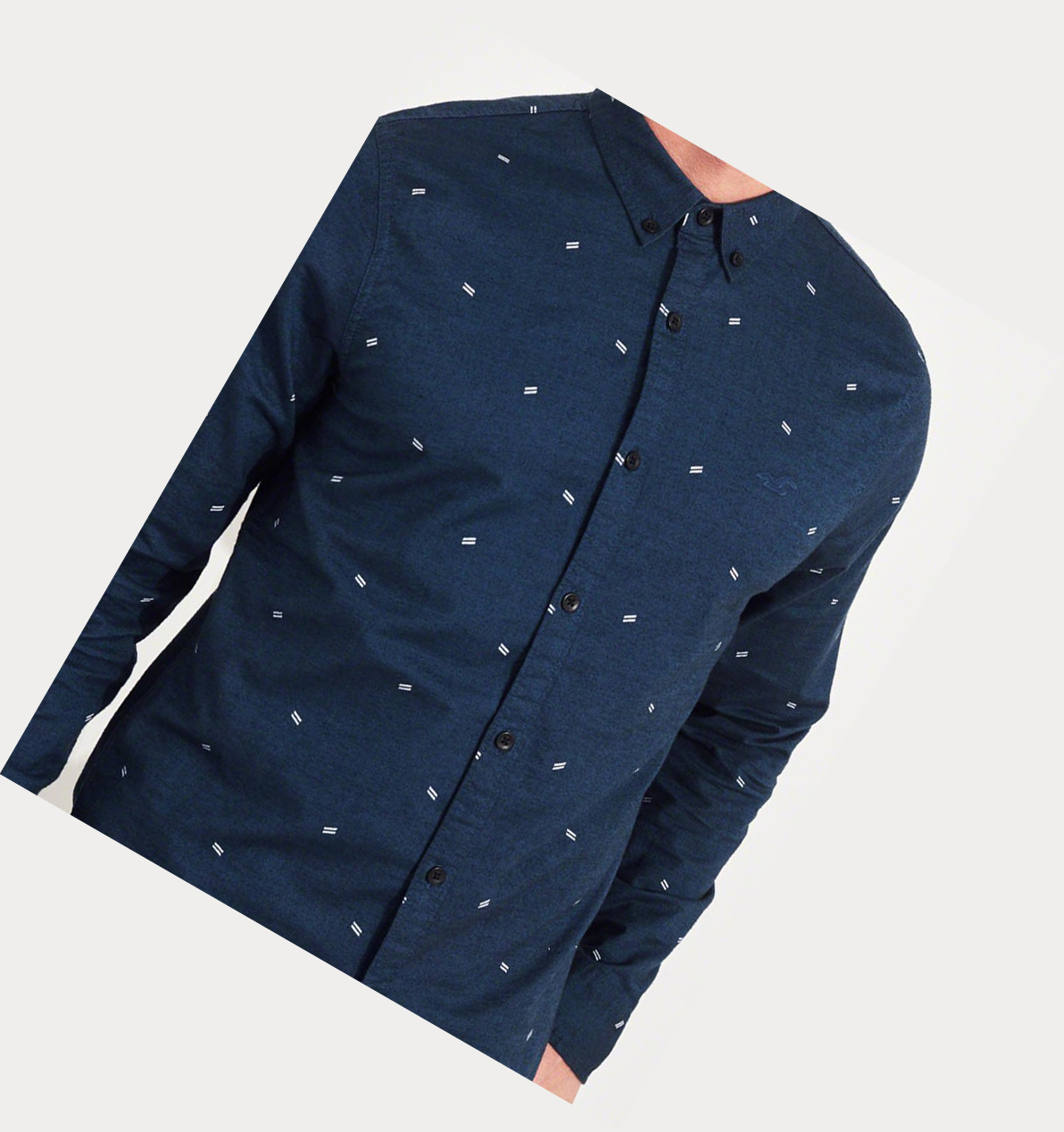 Navy Hollister Stretch Patterned Oxford Men's Long Sleeve | ZA-JMLZ241